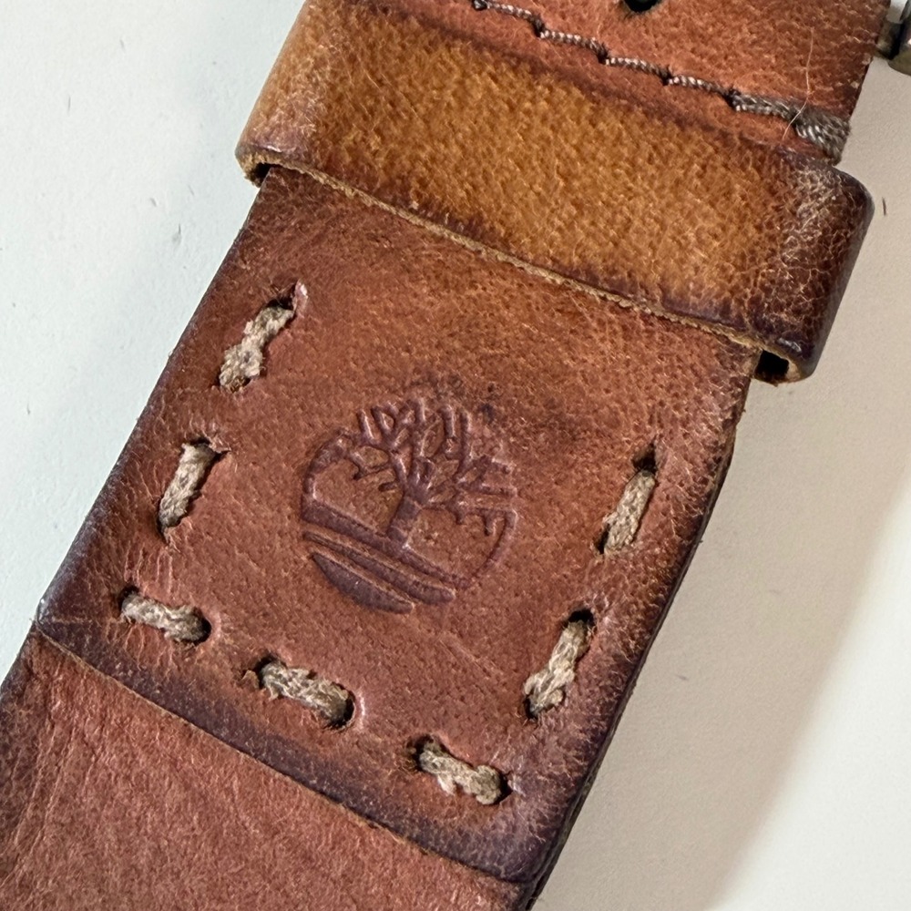 TIMBERLAND Distressed Rugged Brown Leather Belt Patina Brass Buckle Mens 40/42